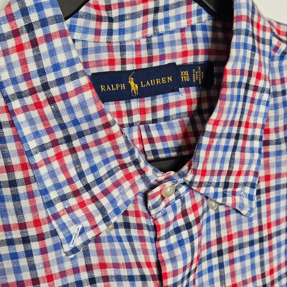 Ralph Lauren 100% Linen Mens XXL Button Down Shirt Red White‎ Blue Plaid Checker